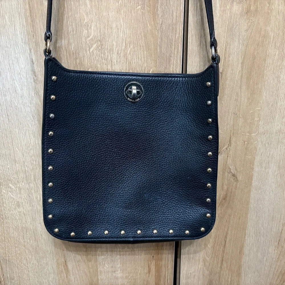 Michael Kors Sullivan Black Leather Gold Studded Crossbody Messenger Bag - Picture 3 of 15